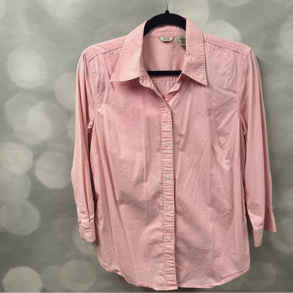 Izod pink and white checkered gingham button down top in size large‎